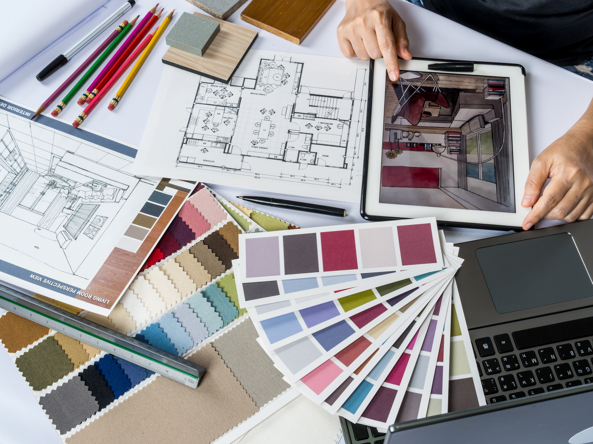 Interior design materials with color swatches and floor plans